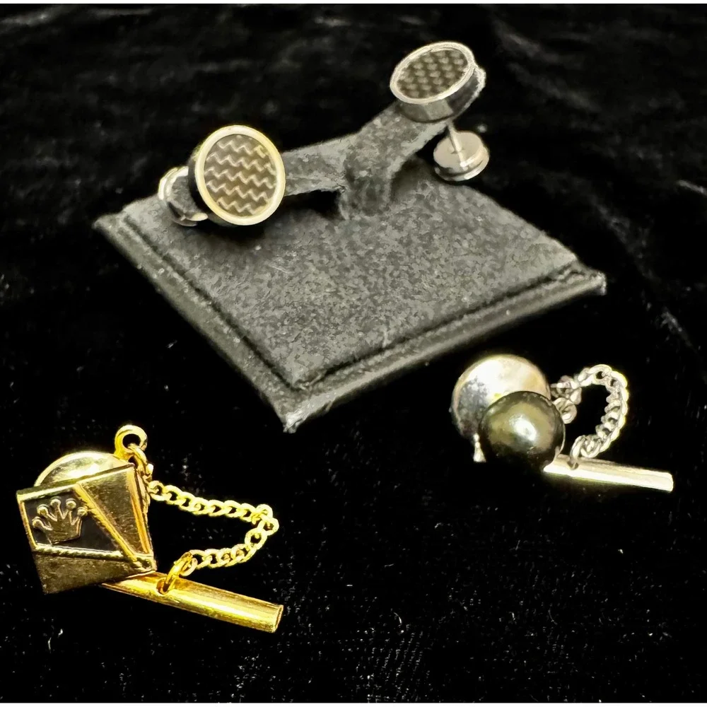 Lot of 3 Mens Tie Tacks Cuff Links SWANK Gold Tone Crown Gray Pearl Formal